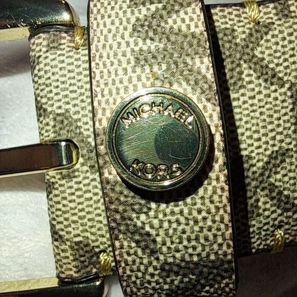 Michael Kors Womens MK Logo Print Tan Brown Belt Gold Buckle Size Small - Picture 4 of 11